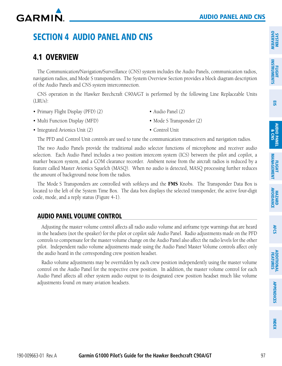 Section 4 audio panel and cns, 1 overview, Audio panel volume control | Audio panel and cns | Garmin G1000 King Air C90GT User Manual | Page 111 / 586