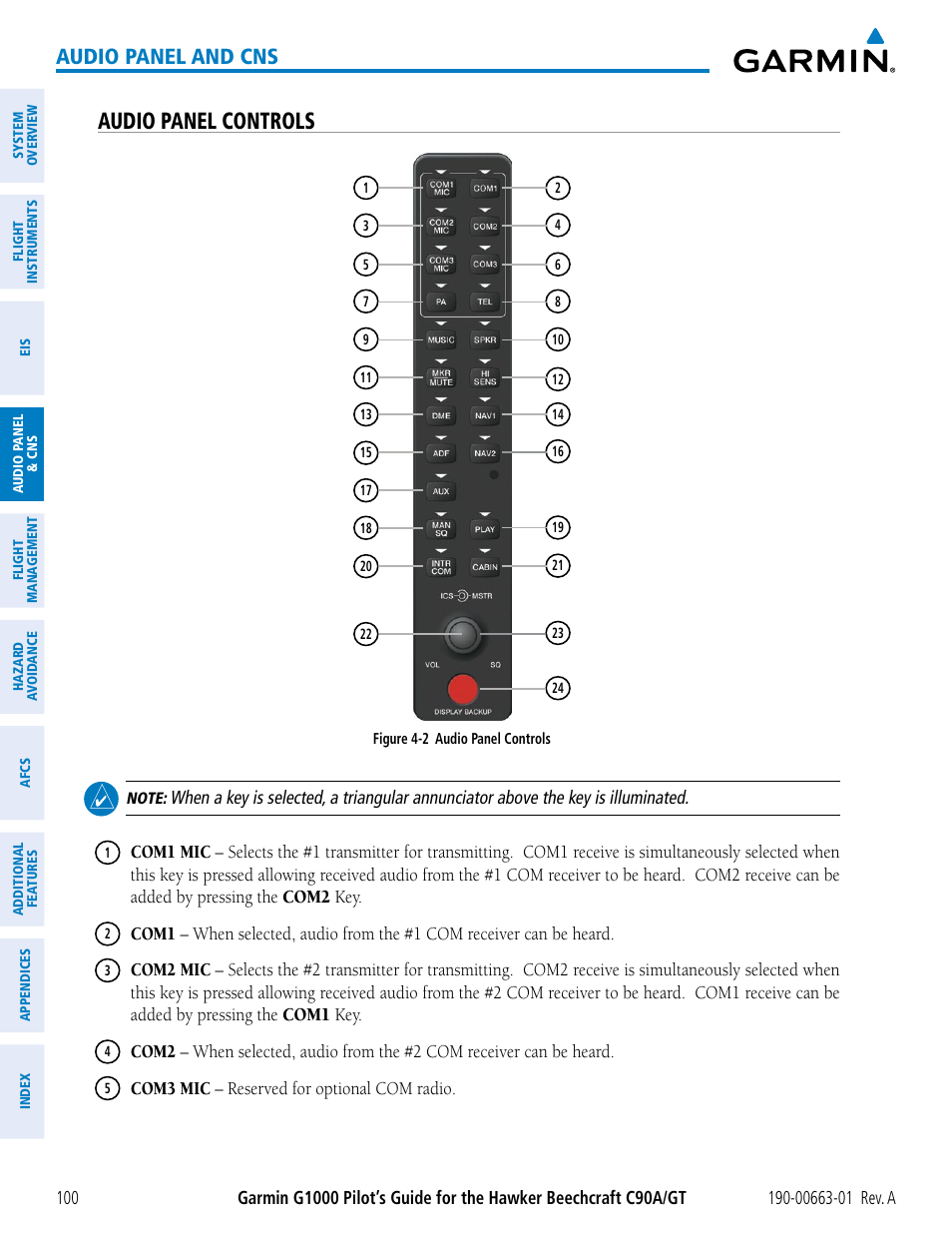 Audio panel controls, Audio panel and cns | Garmin G1000 King Air C90GT User Manual | Page 114 / 586