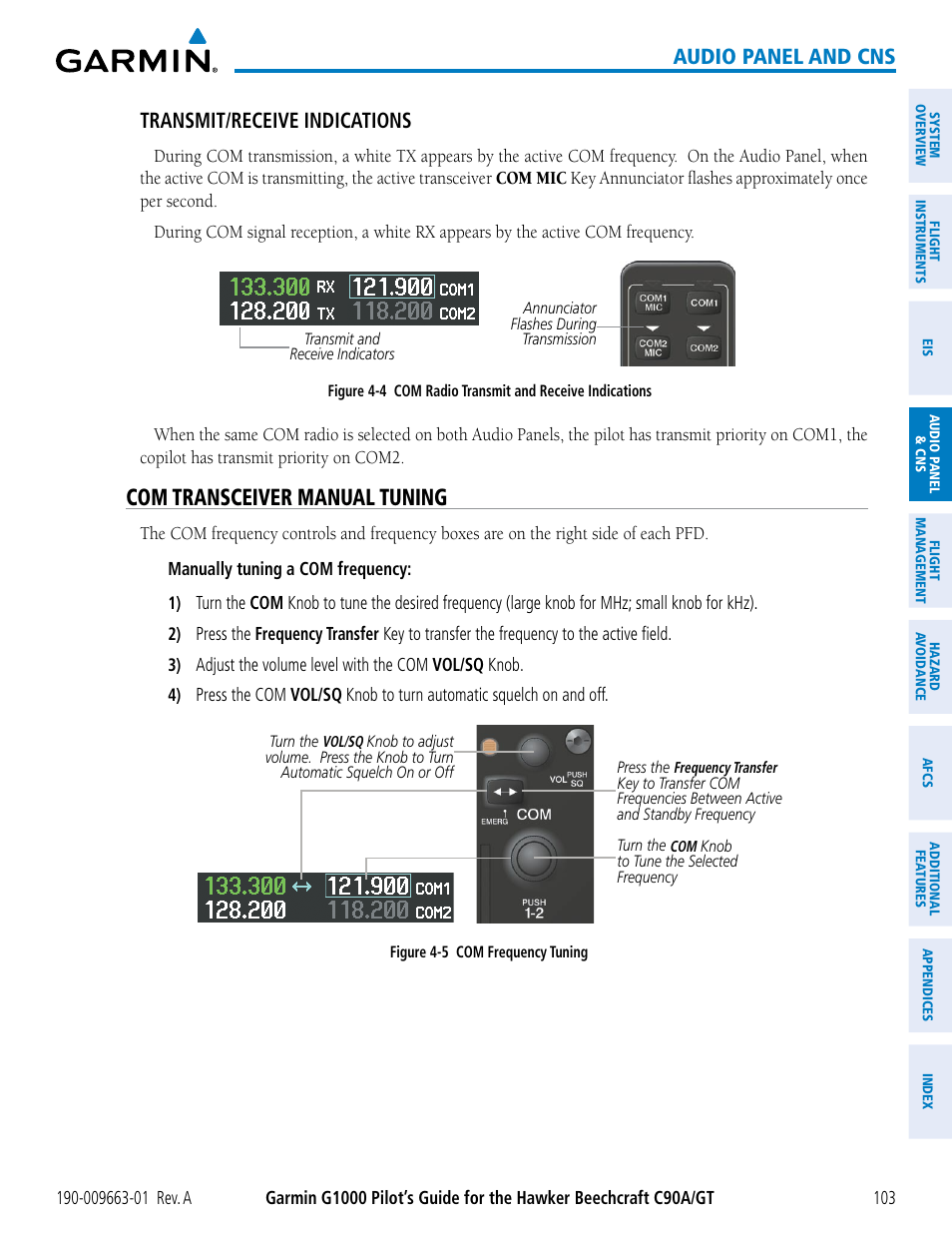 Com transceiver manual tuning, Audio panel and cns, Transmit/receive indications | Garmin G1000 King Air C90GT User Manual | Page 117 / 586