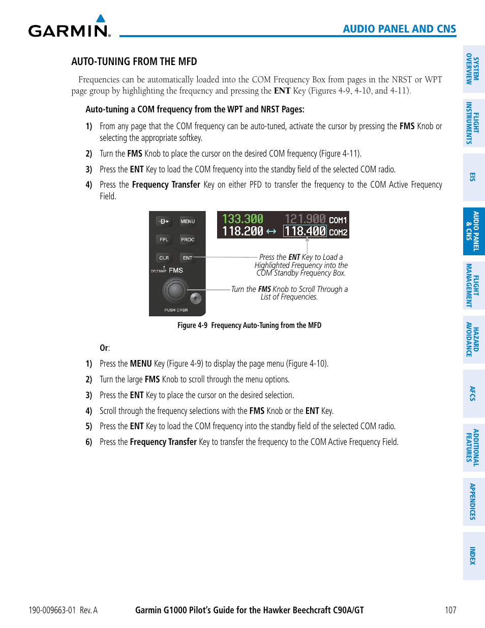 Audio panel and cns, Auto-tuning from the mfd | Garmin G1000 King Air C90GT User Manual | Page 121 / 586