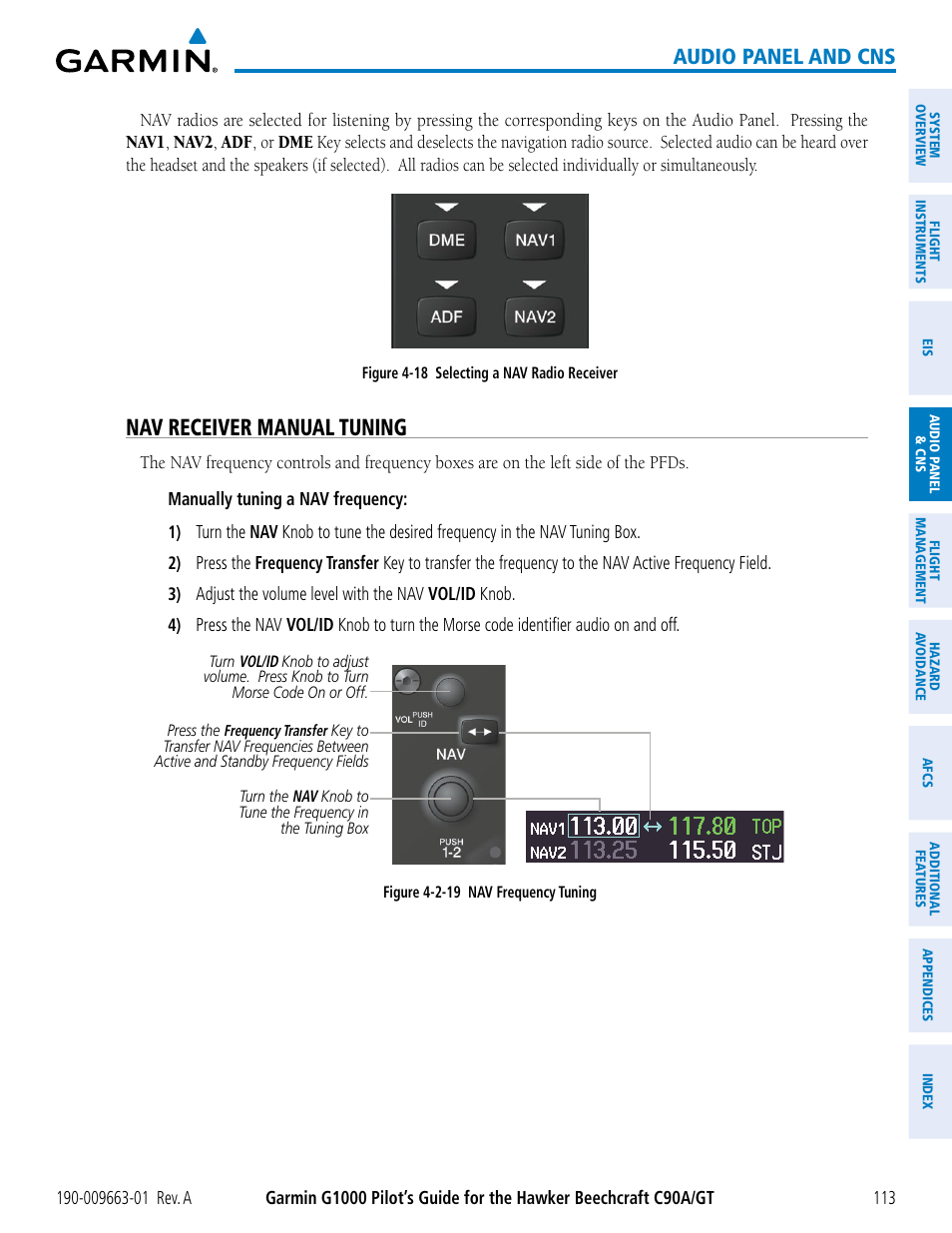 Nav receiver manual tuning, Audio panel and cns | Garmin G1000 King Air C90GT User Manual | Page 127 / 586