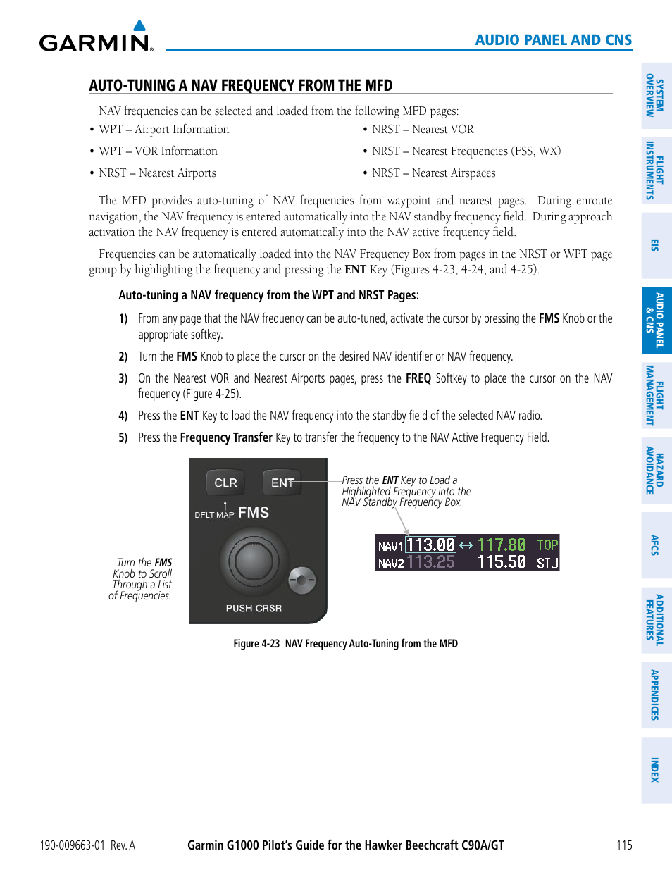 Auto-tuning a nav frequency from the mfd, Audio panel and cns | Garmin G1000 King Air C90GT User Manual | Page 129 / 586
