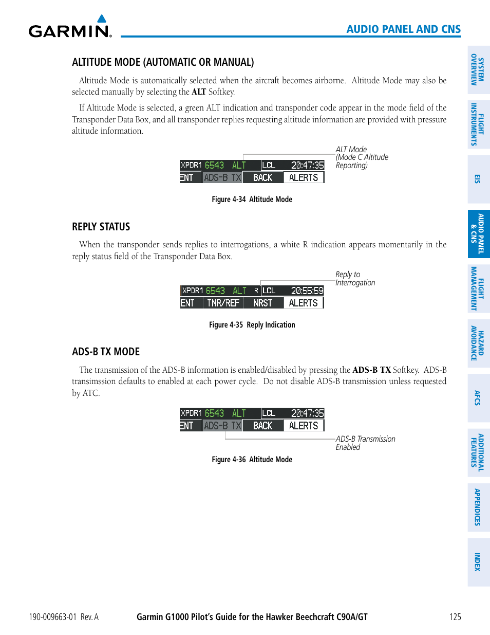 Audio panel and cns, Altitude mode (automatic or manual), Reply status | Ads-b tx mode | Garmin G1000 King Air C90GT User Manual | Page 139 / 586