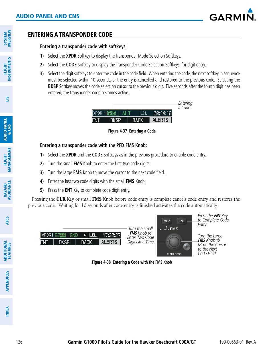 Entering a transponder code, Audio panel and cns | Garmin G1000 King Air C90GT User Manual | Page 140 / 586