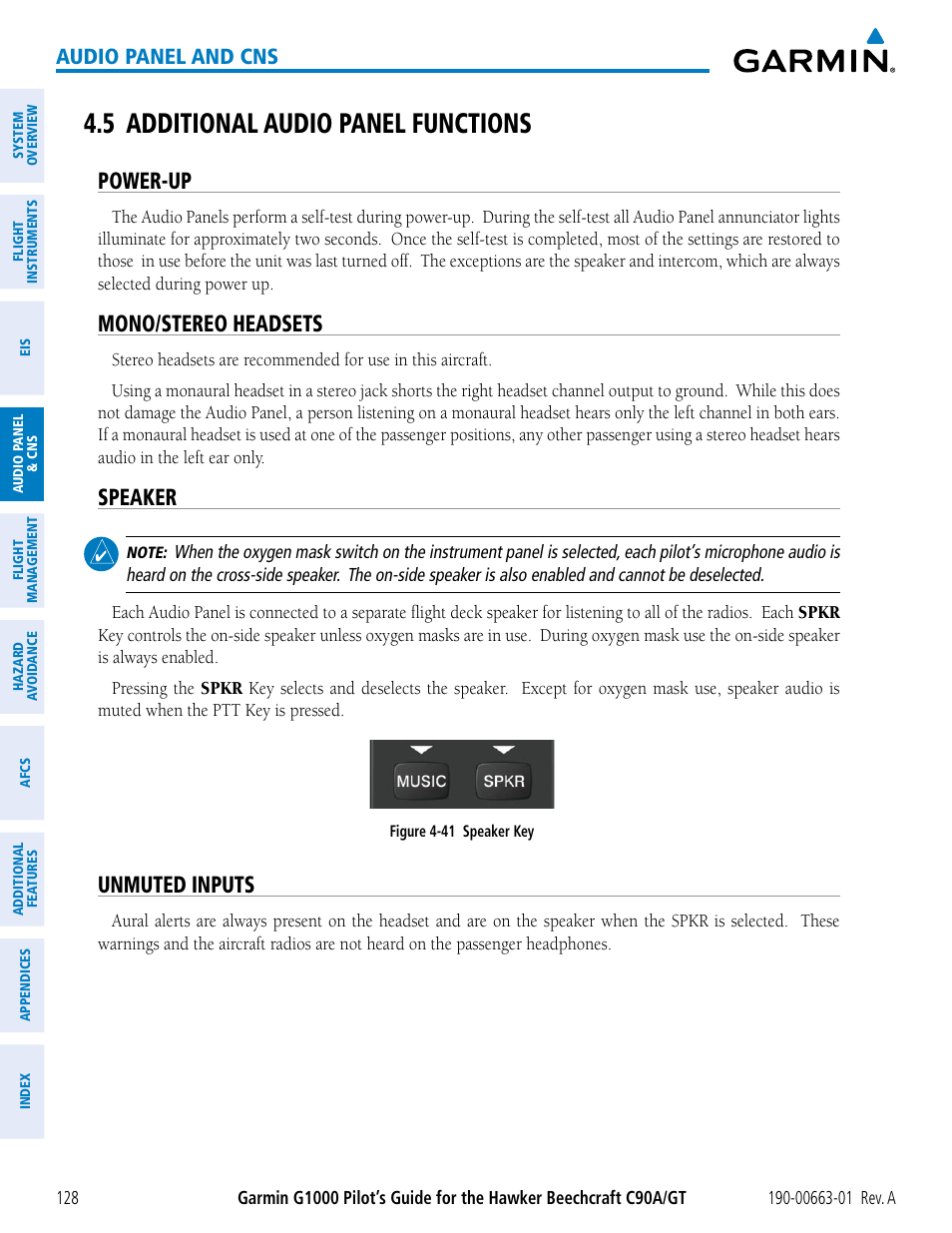 5 additional audio panel functions, Power-up, Mono/stereo headsets | Speaker, Unmuted inputs, Audio panel and cns | Garmin G1000 King Air C90GT User Manual | Page 142 / 586