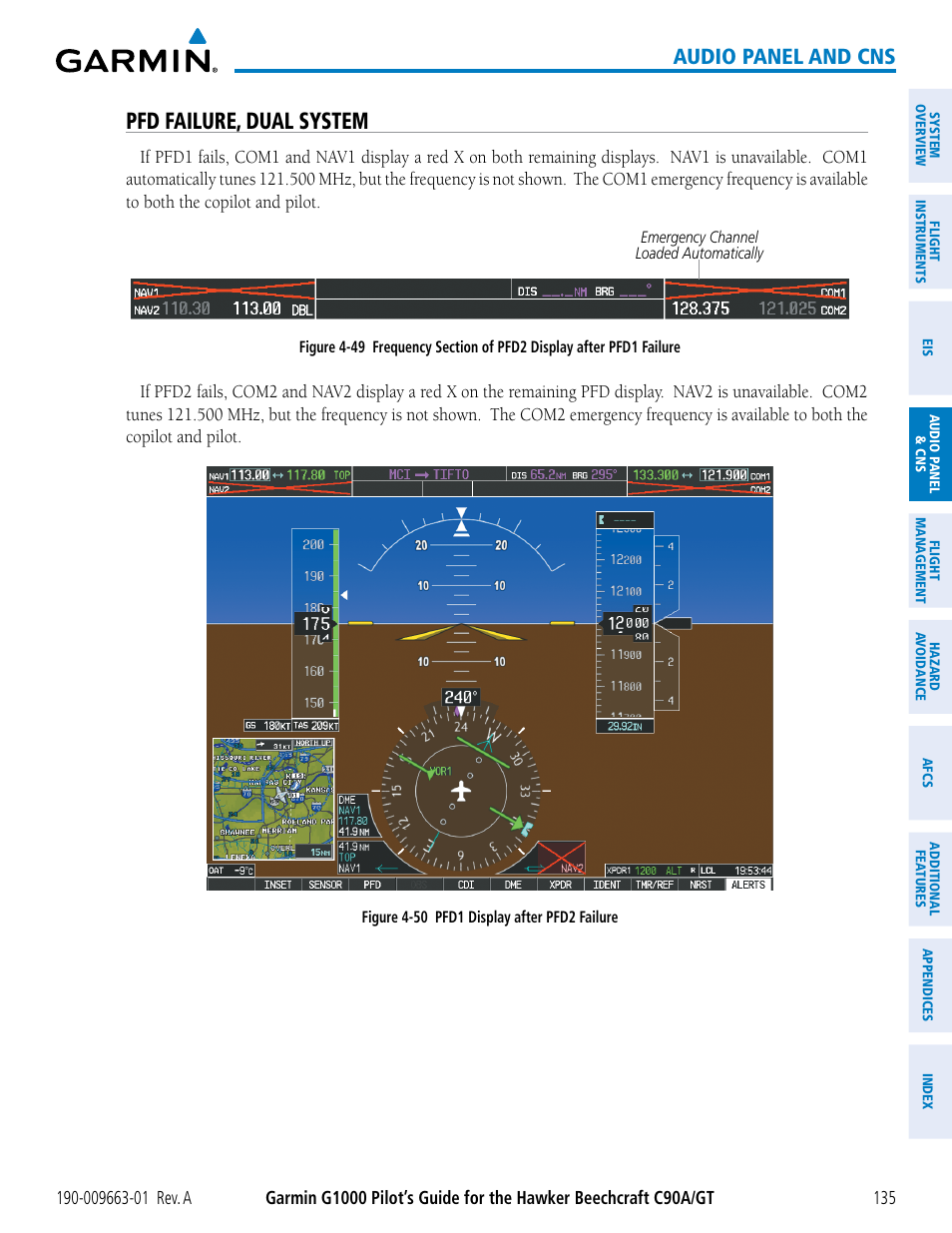 Pfd failure, dual system, Audio panel and cns | Garmin G1000 King Air C90GT User Manual | Page 149 / 586