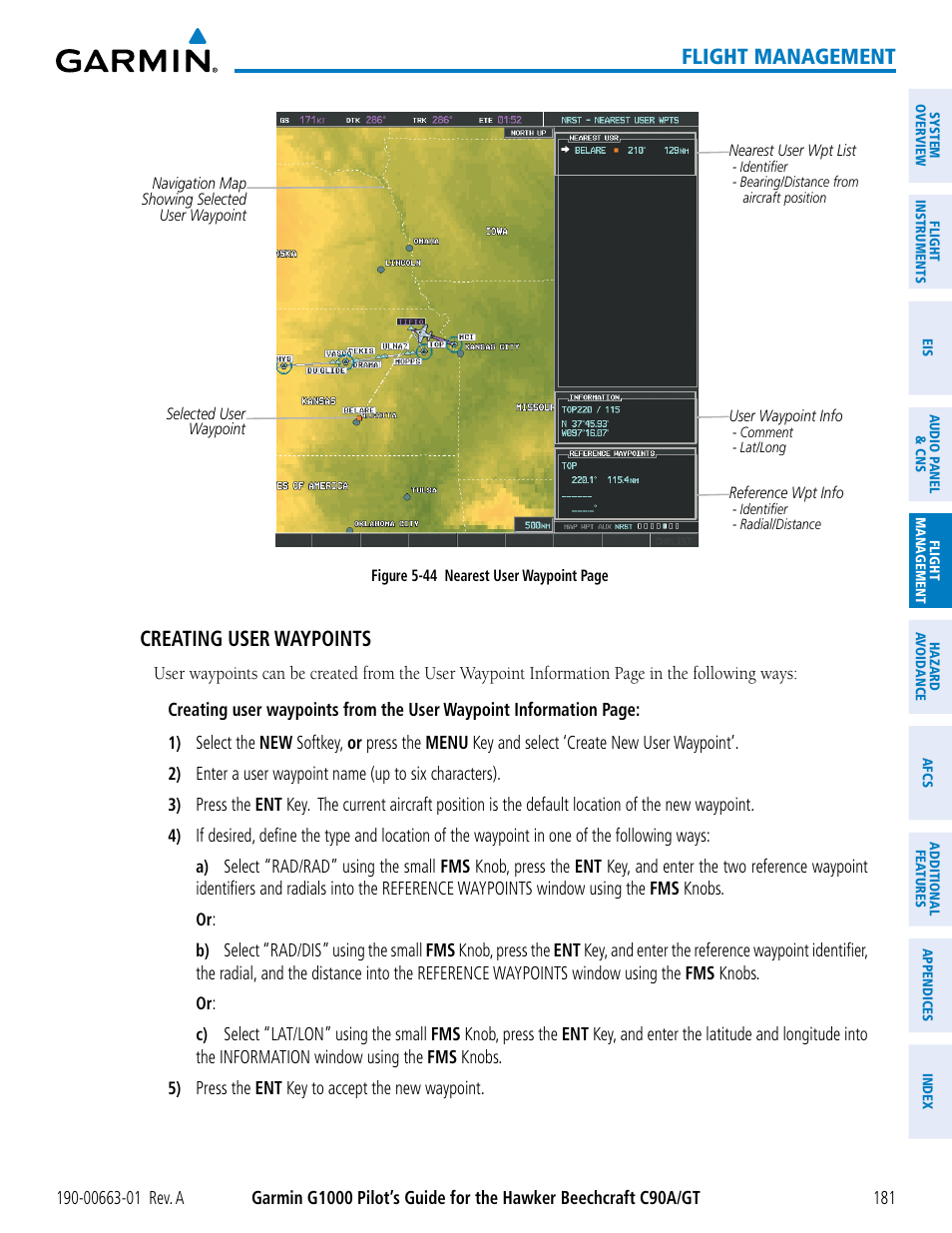 Flight management, Creating user waypoints | Garmin G1000 King Air C90GT User Manual | Page 195 / 586
