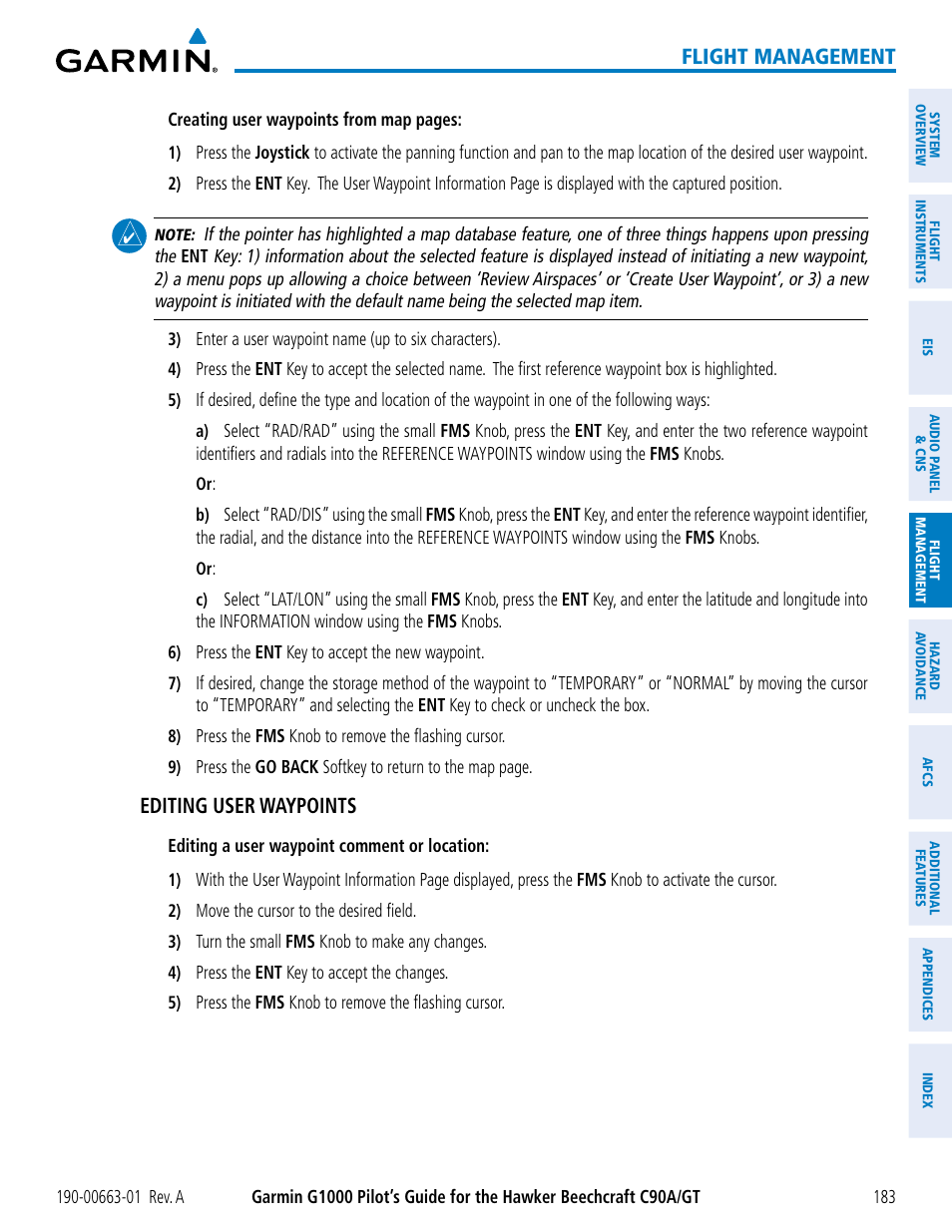 Flight management, Editing user waypoints | Garmin G1000 King Air C90GT User Manual | Page 197 / 586
