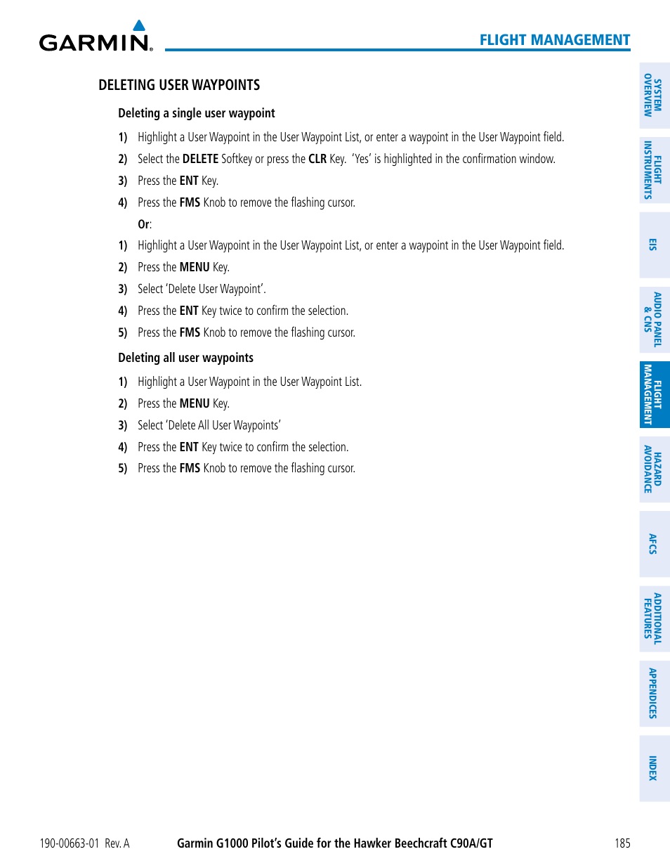 Flight management, Deleting user waypoints | Garmin G1000 King Air C90GT User Manual | Page 199 / 586