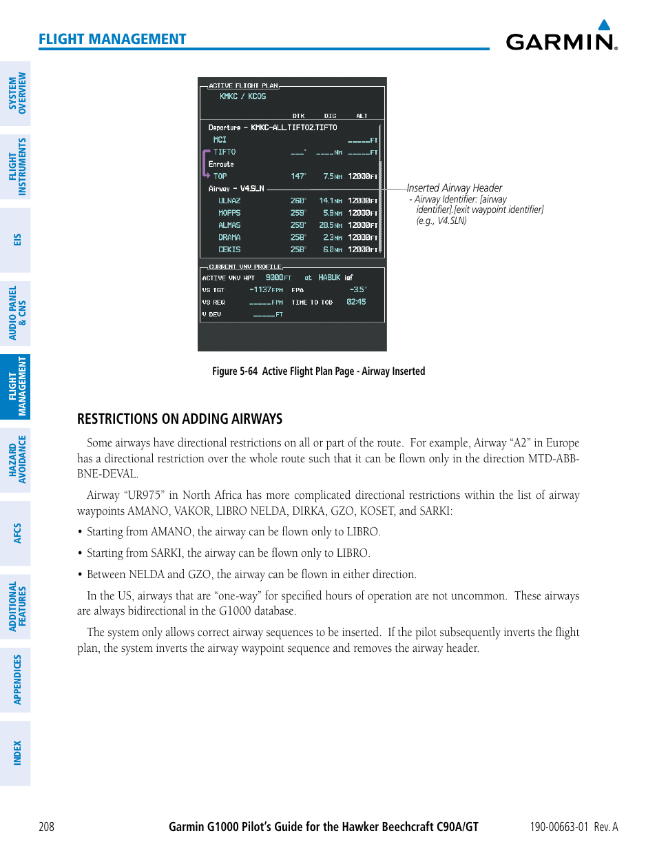 Flight management, Restrictions on adding airways | Garmin G1000 King Air C90GT User Manual | Page 222 / 586