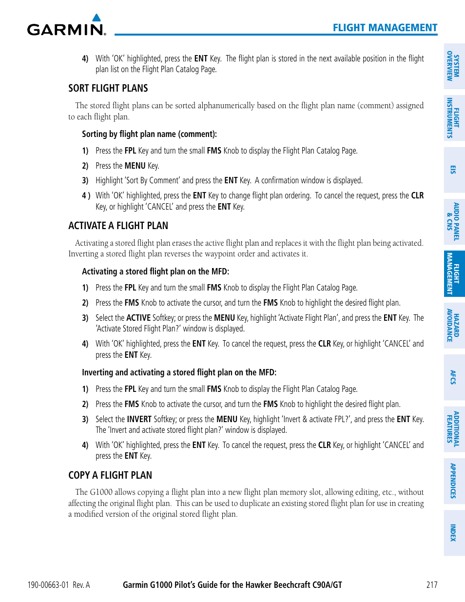 Flight management, Sort flight plans, Activate a flight plan | Copy a flight plan | Garmin G1000 King Air C90GT User Manual | Page 231 / 586
