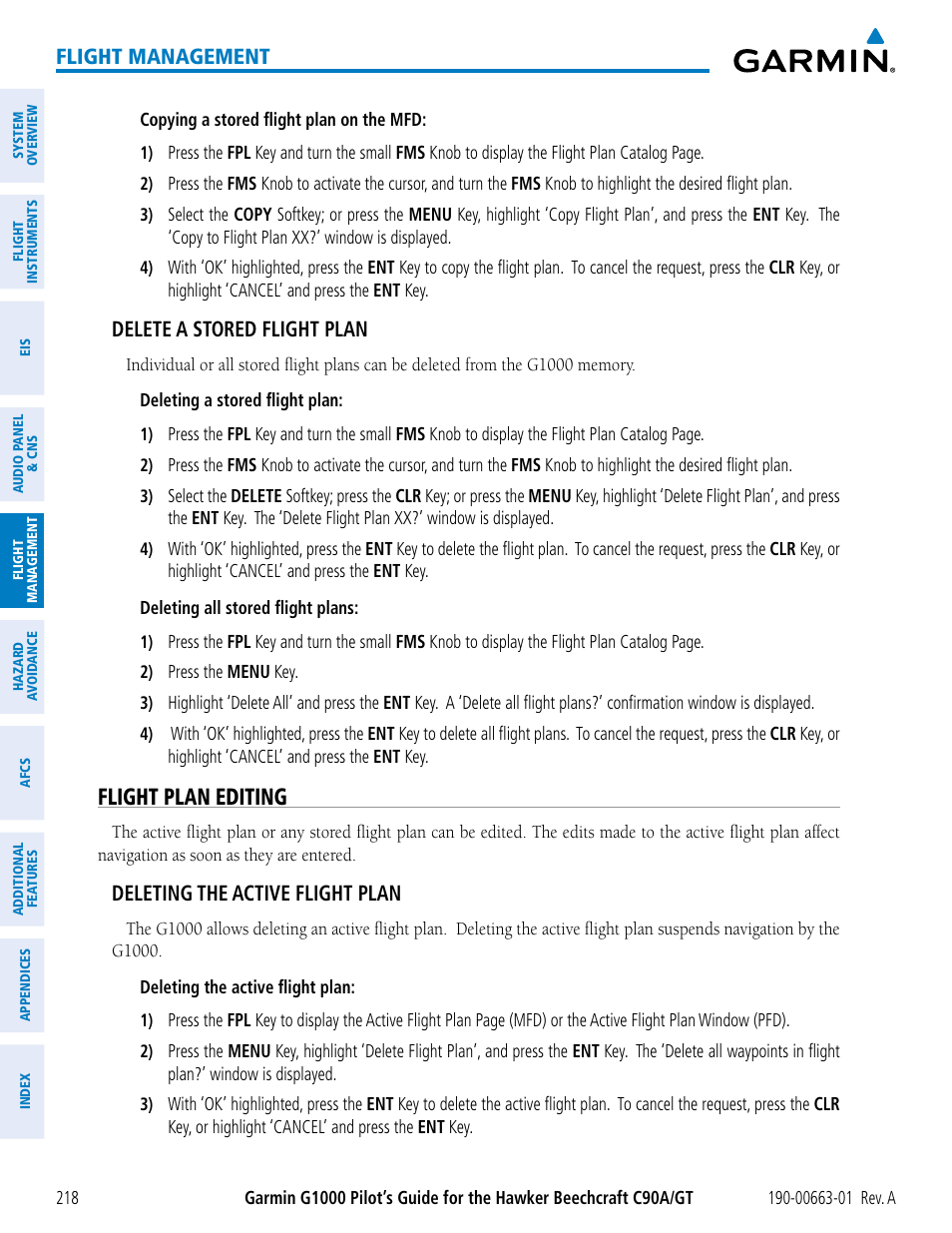 Flight plan editing, Flight management, Delete a stored flight plan | Deleting the active flight plan | Garmin G1000 King Air C90GT User Manual | Page 232 / 586