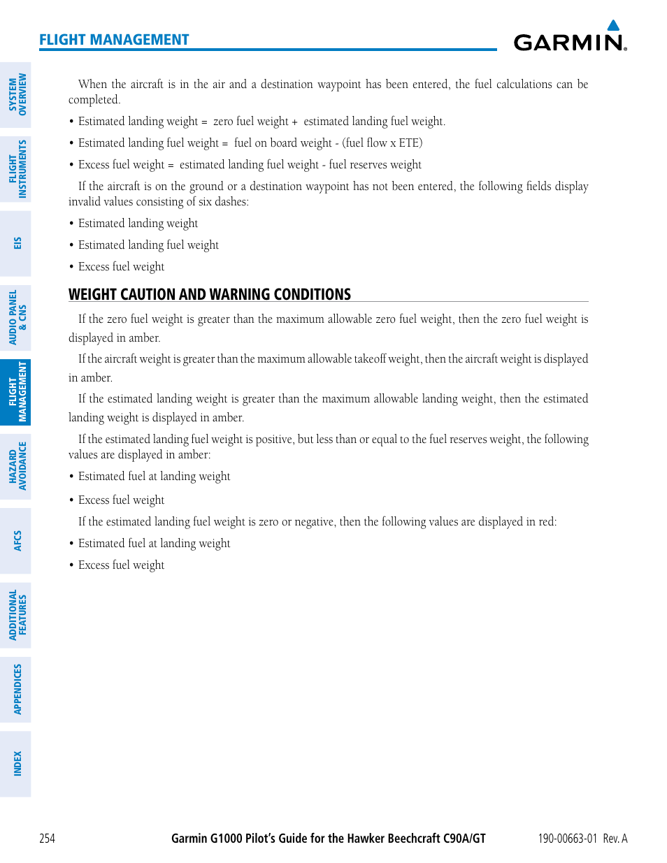 Weight caution and warning conditions, Flight management | Garmin G1000 King Air C90GT User Manual | Page 268 / 586