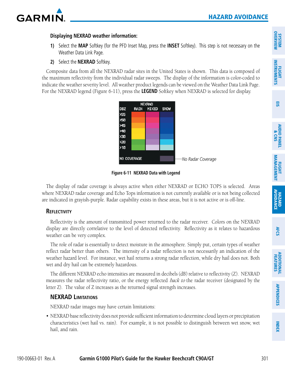 Hazard avoidance, Nexrad l | Garmin G1000 King Air C90GT User Manual | Page 315 / 586