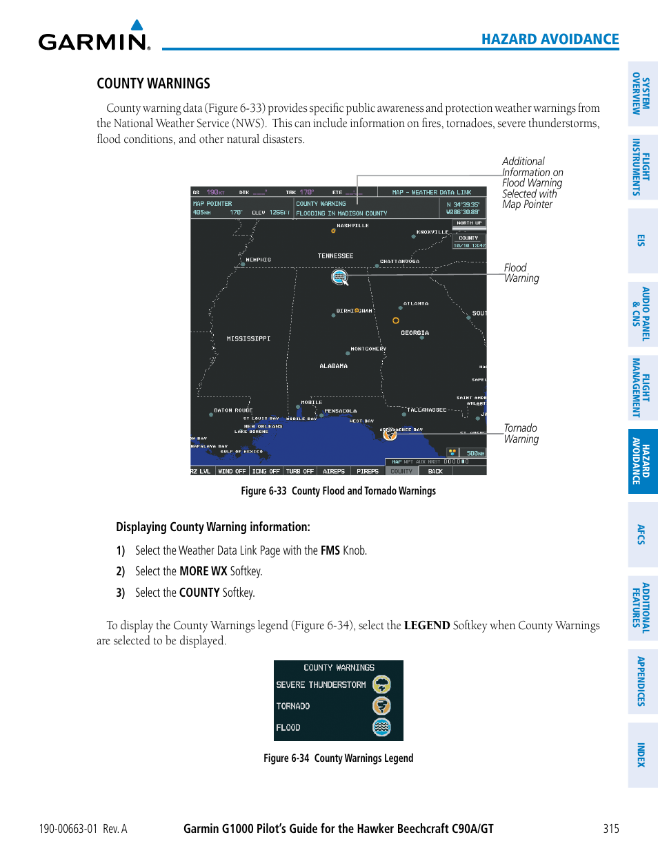 Hazard avoidance, County warnings | Garmin G1000 King Air C90GT User Manual | Page 329 / 586
