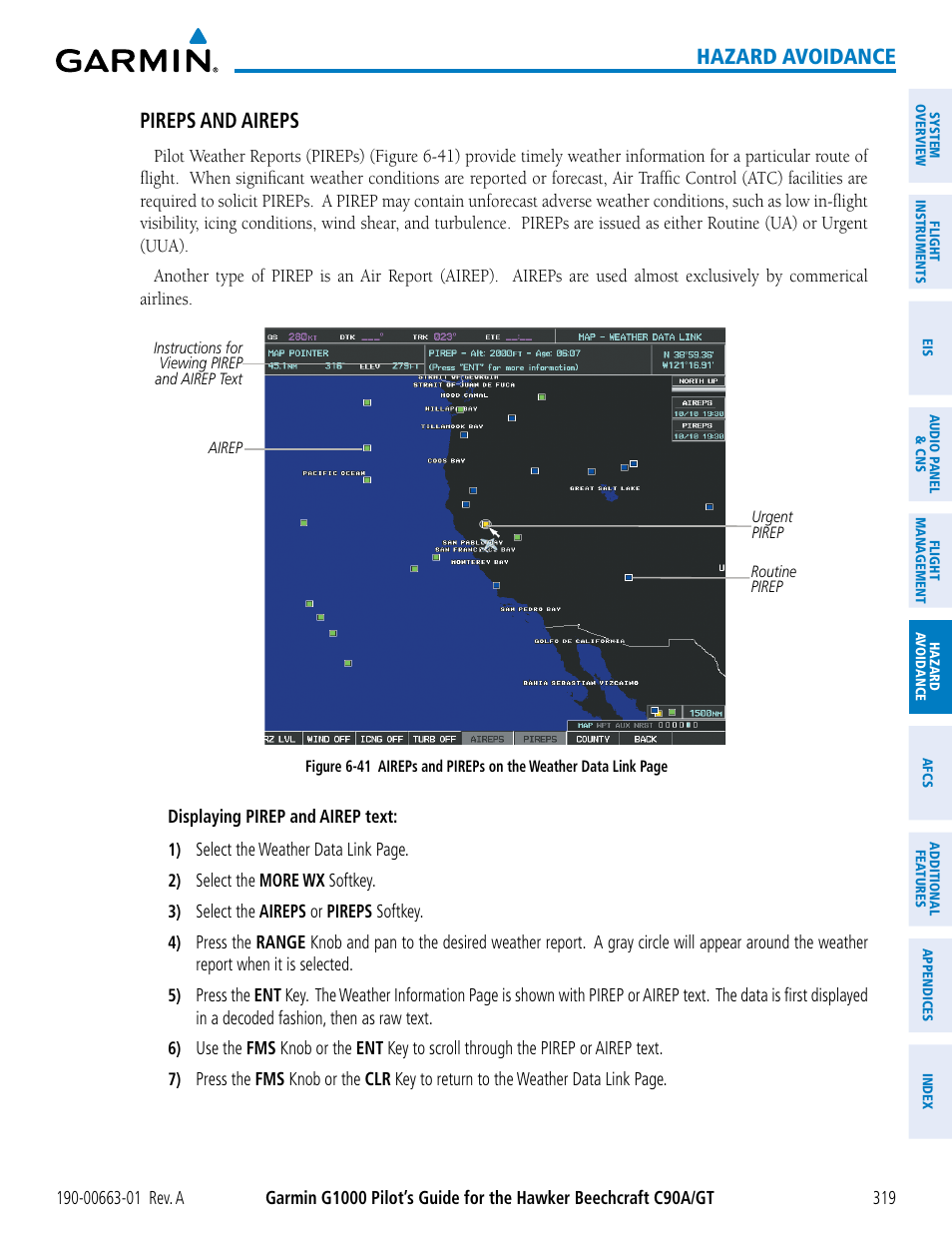 Hazard avoidance, Pireps and aireps | Garmin G1000 King Air C90GT User Manual | Page 333 / 586