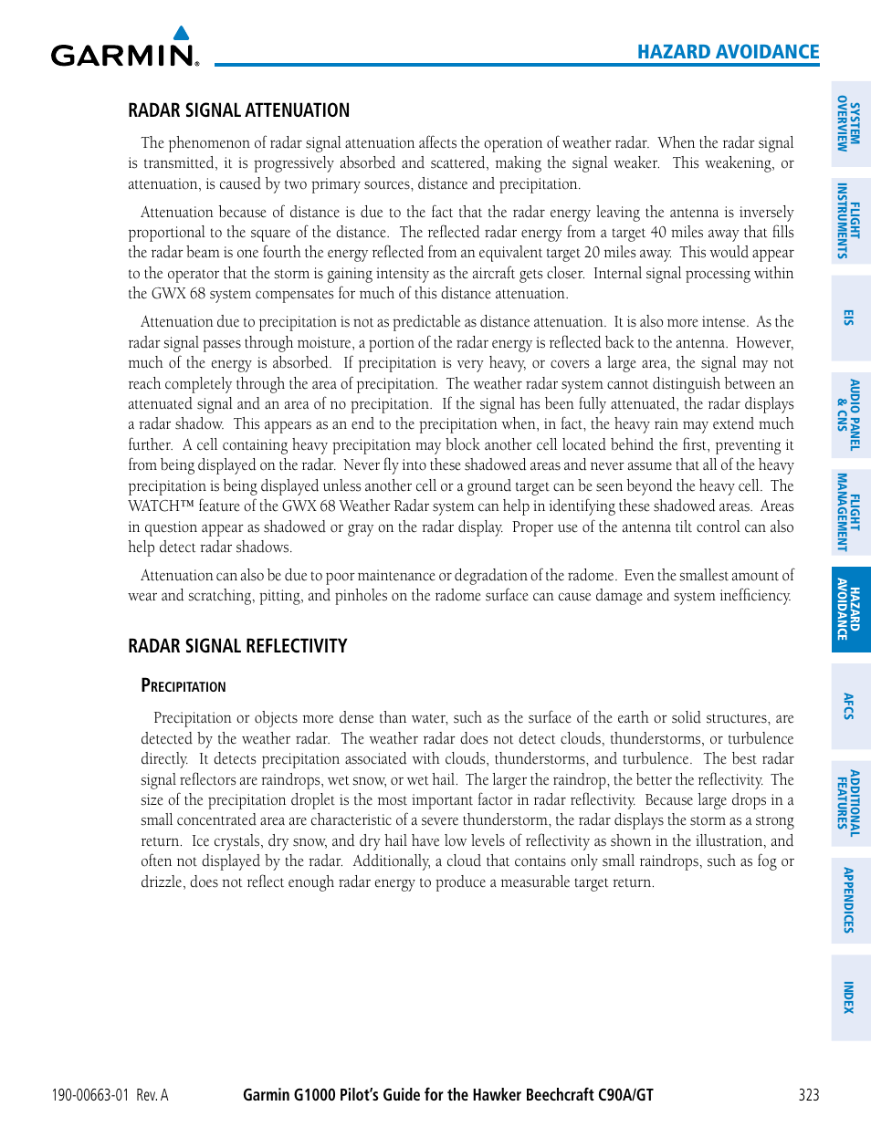 Hazard avoidance, Radar signal attenuation, Radar signal reflectivity p | Garmin G1000 King Air C90GT User Manual | Page 337 / 586