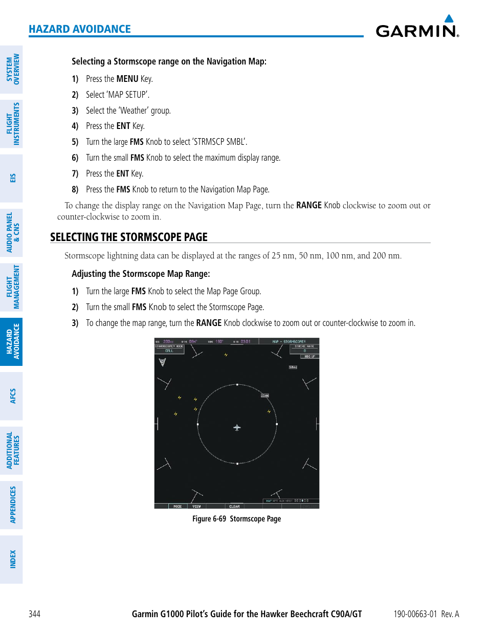 Selecting the stormscope page, Hazard avoidance | Garmin G1000 King Air C90GT User Manual | Page 358 / 586