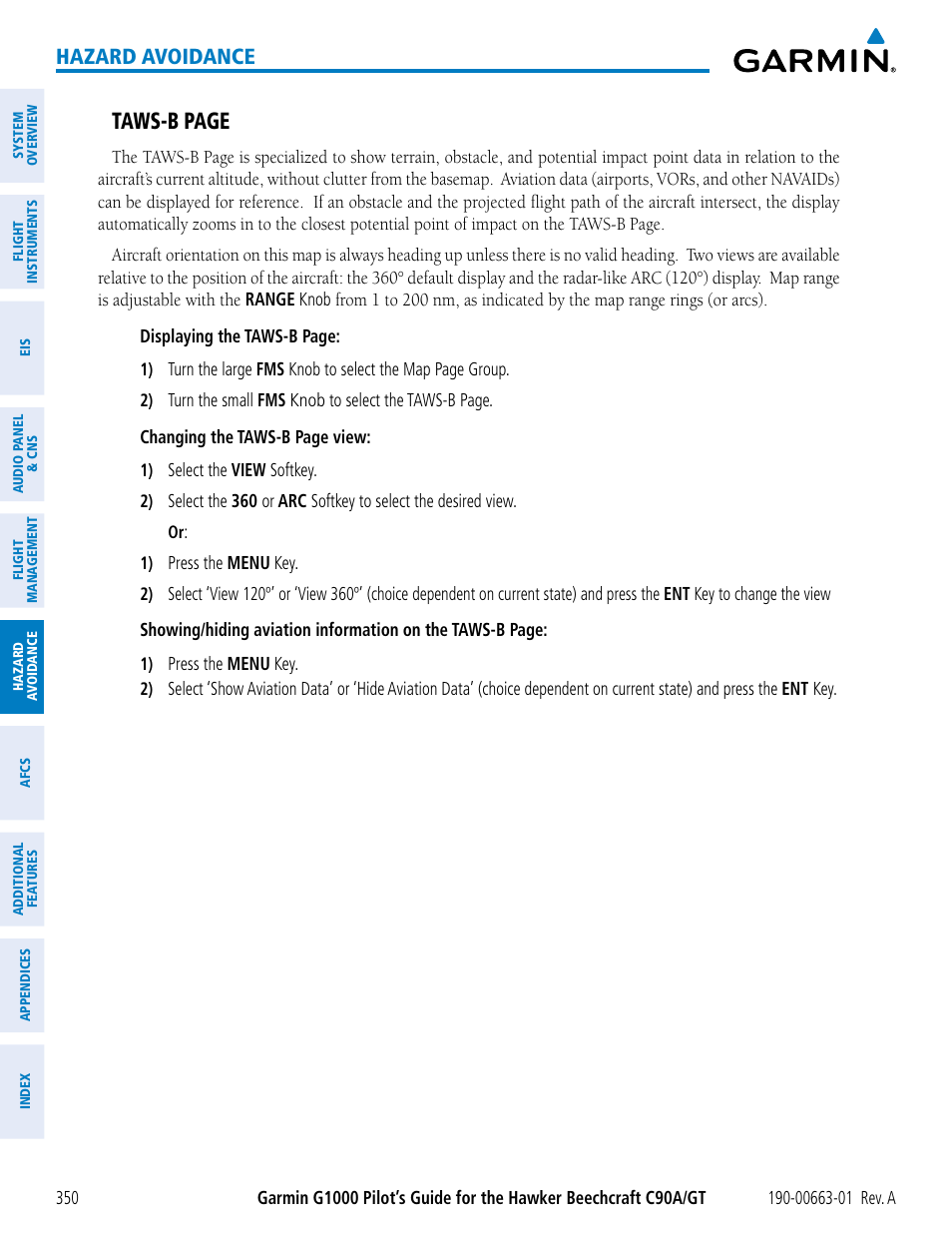 Taws-b page, Hazard avoidance | Garmin G1000 King Air C90GT User Manual | Page 364 / 586