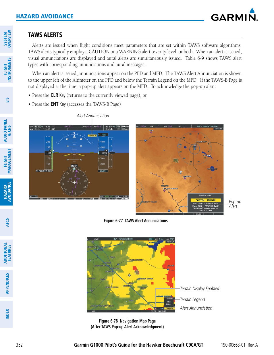 Taws alerts, Hazard avoidance | Garmin G1000 King Air C90GT User Manual | Page 366 / 586