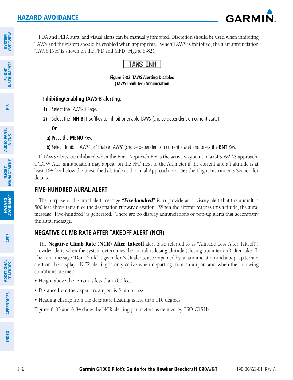 Hazard avoidance, Five-hundred aural alert, Negative climb rate after takeoff alert (ncr) | Garmin G1000 King Air C90GT User Manual | Page 370 / 586