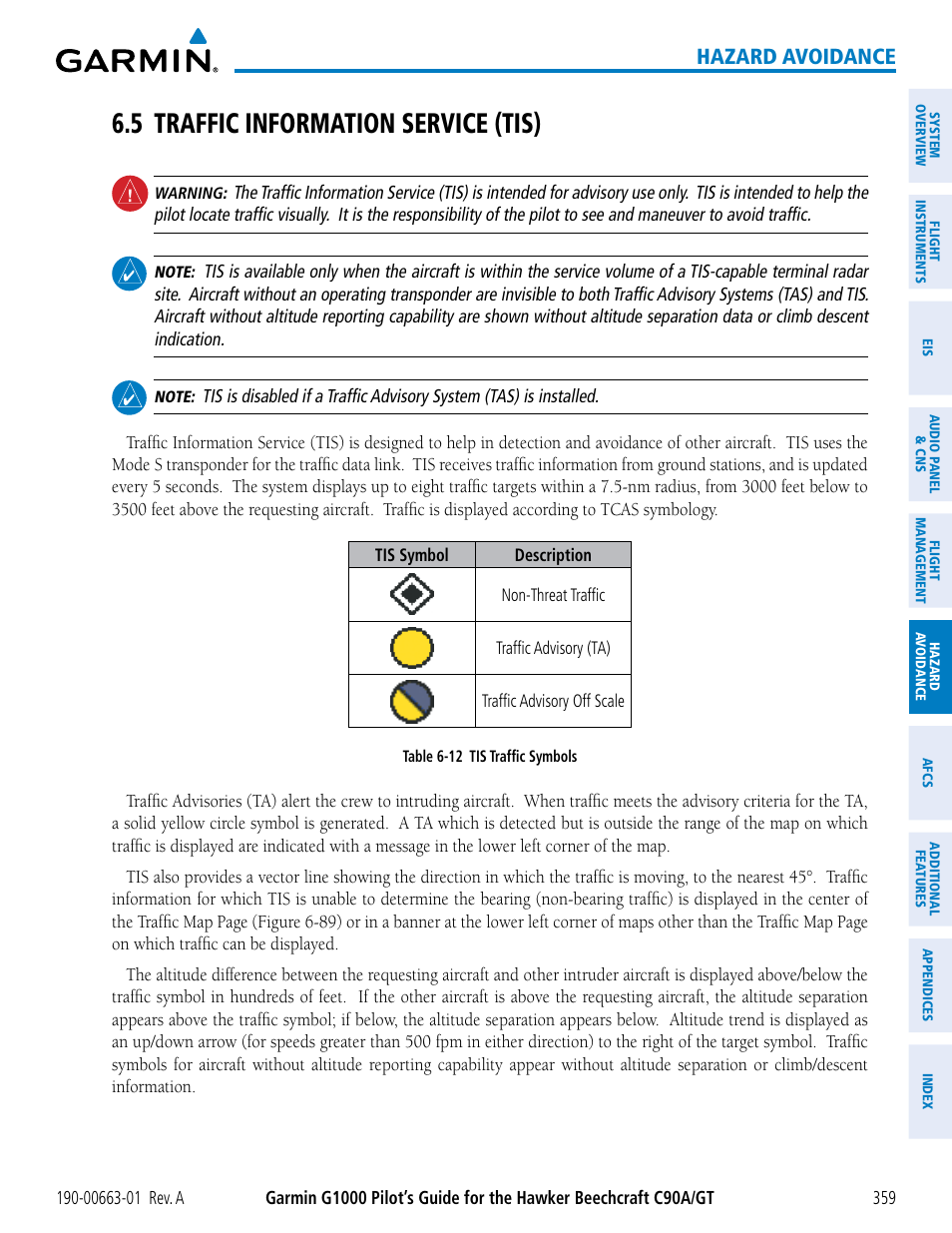 5 traffic information service (tis), Hazard avoidance | Garmin G1000 King Air C90GT User Manual | Page 373 / 586