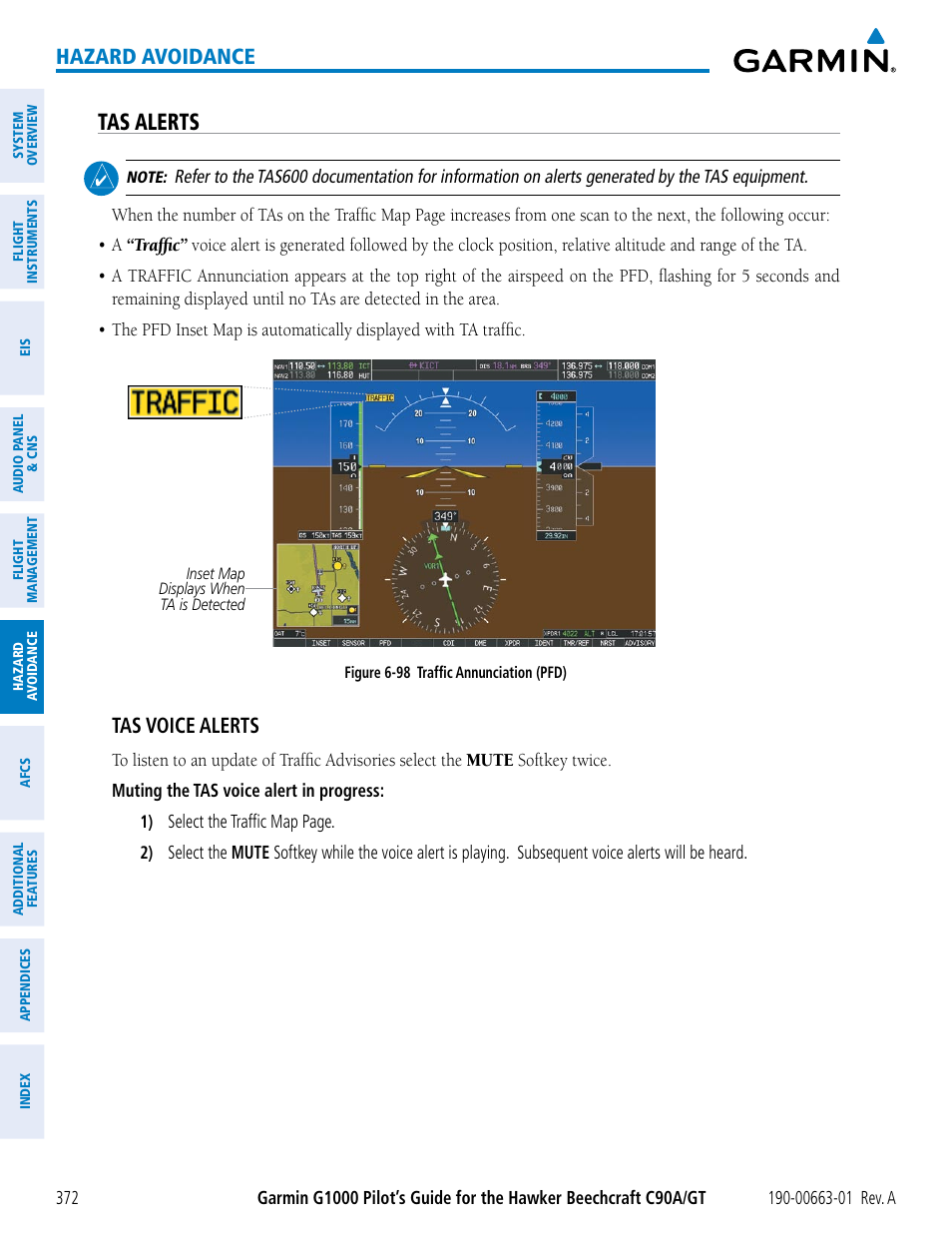 Tas alerts, Hazard avoidance, Tas voice alerts | Garmin G1000 King Air C90GT User Manual | Page 386 / 586