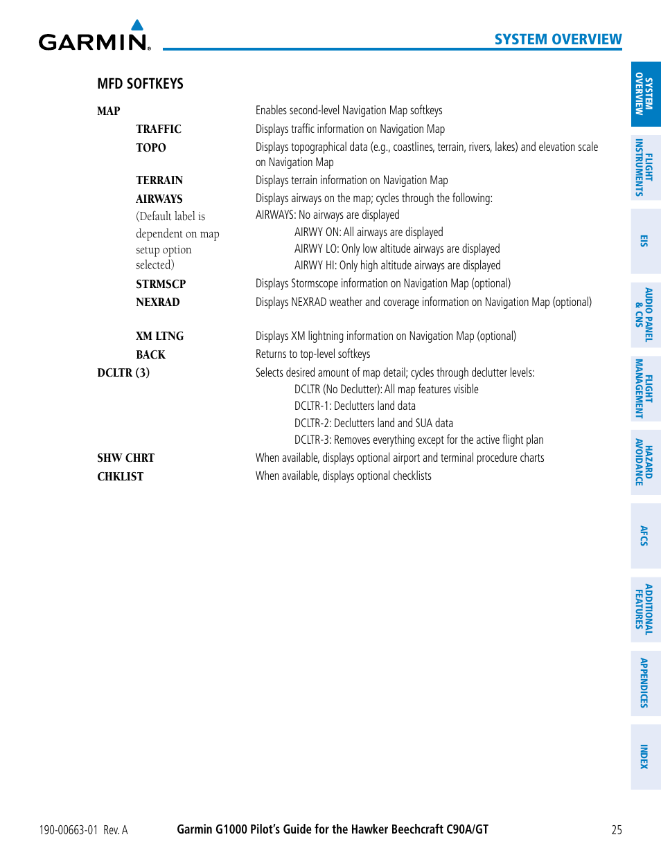 System overview, Mfd softkeys | Garmin G1000 King Air C90GT User Manual | Page 39 / 586