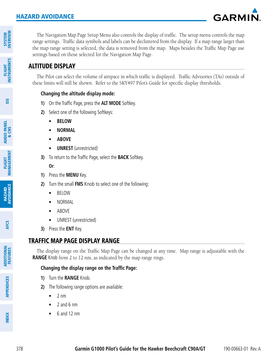 Altitude display, Traffic map page display range, Hazard avoidance | Garmin G1000 King Air C90GT User Manual | Page 392 / 586