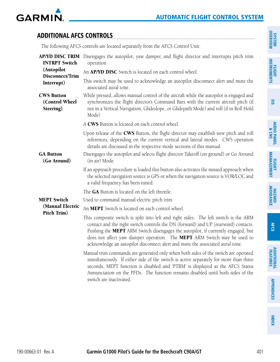 Additional afcs controls, Automatic flight control system | Garmin G1000 King Air C90GT User Manual | Page 415 / 586