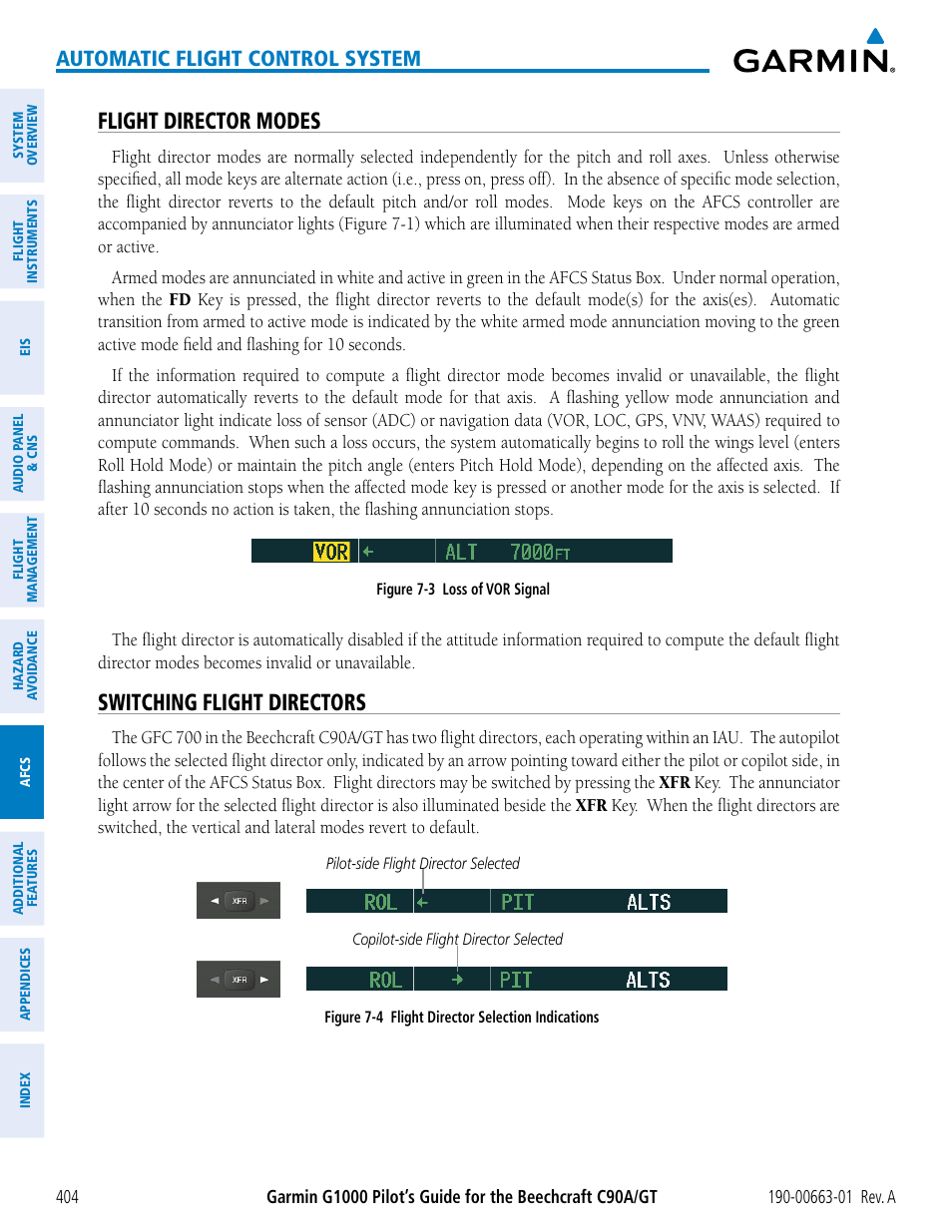 Flight director modes, Switching flight directors, Automatic flight control system | Garmin G1000 King Air C90GT User Manual | Page 418 / 586