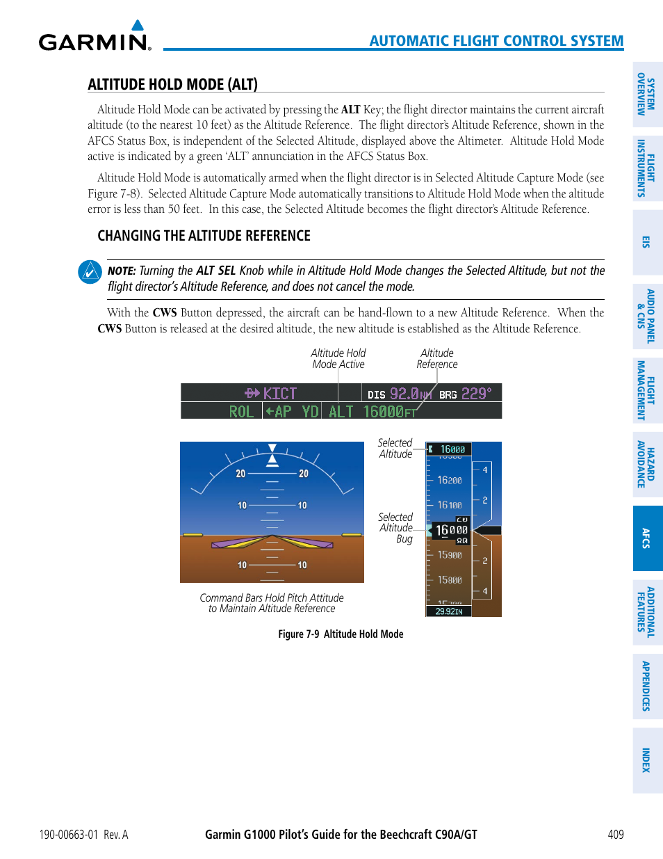 Altitude hold mode (alt), Automatic flight control system, Changing the altitude reference | Garmin G1000 King Air C90GT User Manual | Page 423 / 586