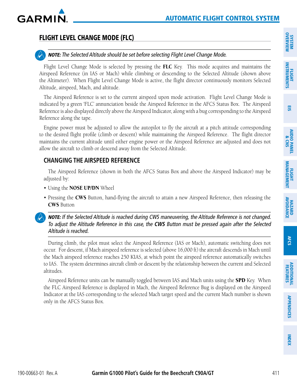 Flight level change mode (flc), Automatic flight control system, Changing the airspeed reference | Garmin G1000 King Air C90GT User Manual | Page 425 / 586