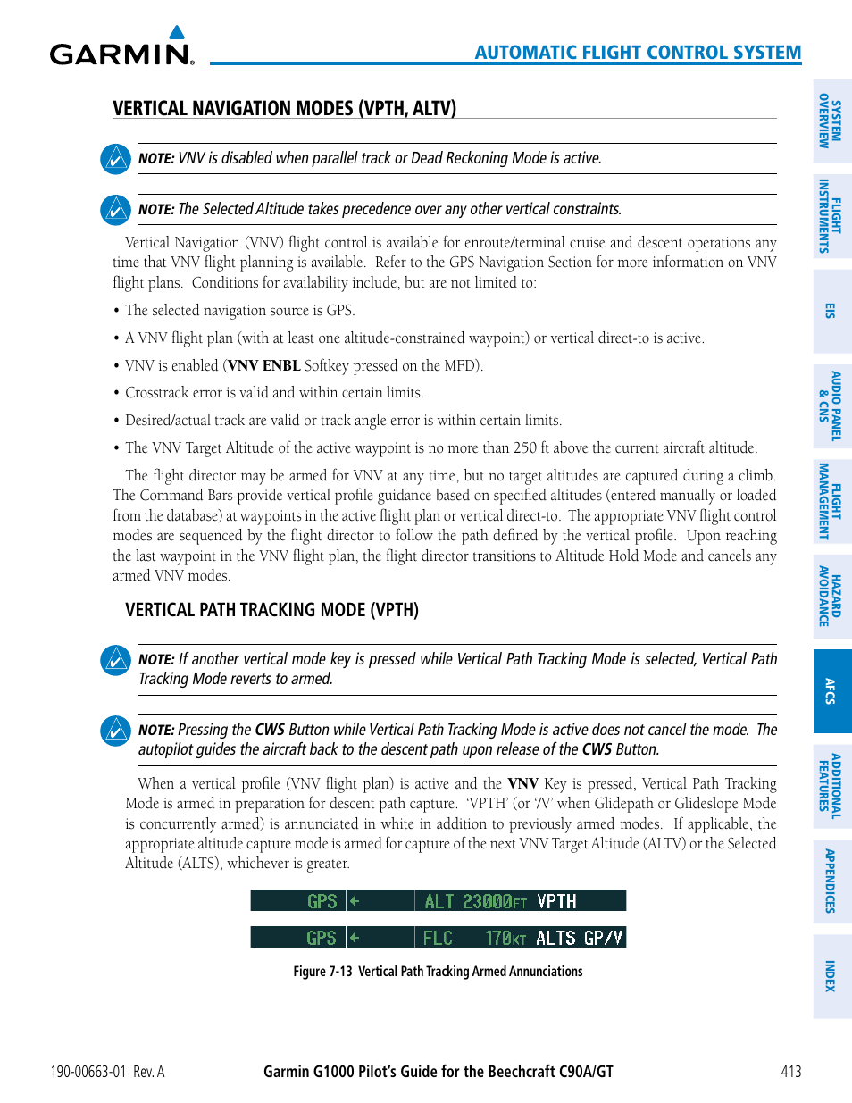 Vertical navigation modes (vpth, altv), Automatic flight control system, Vertical path tracking mode (vpth) | Garmin G1000 King Air C90GT User Manual | Page 427 / 586