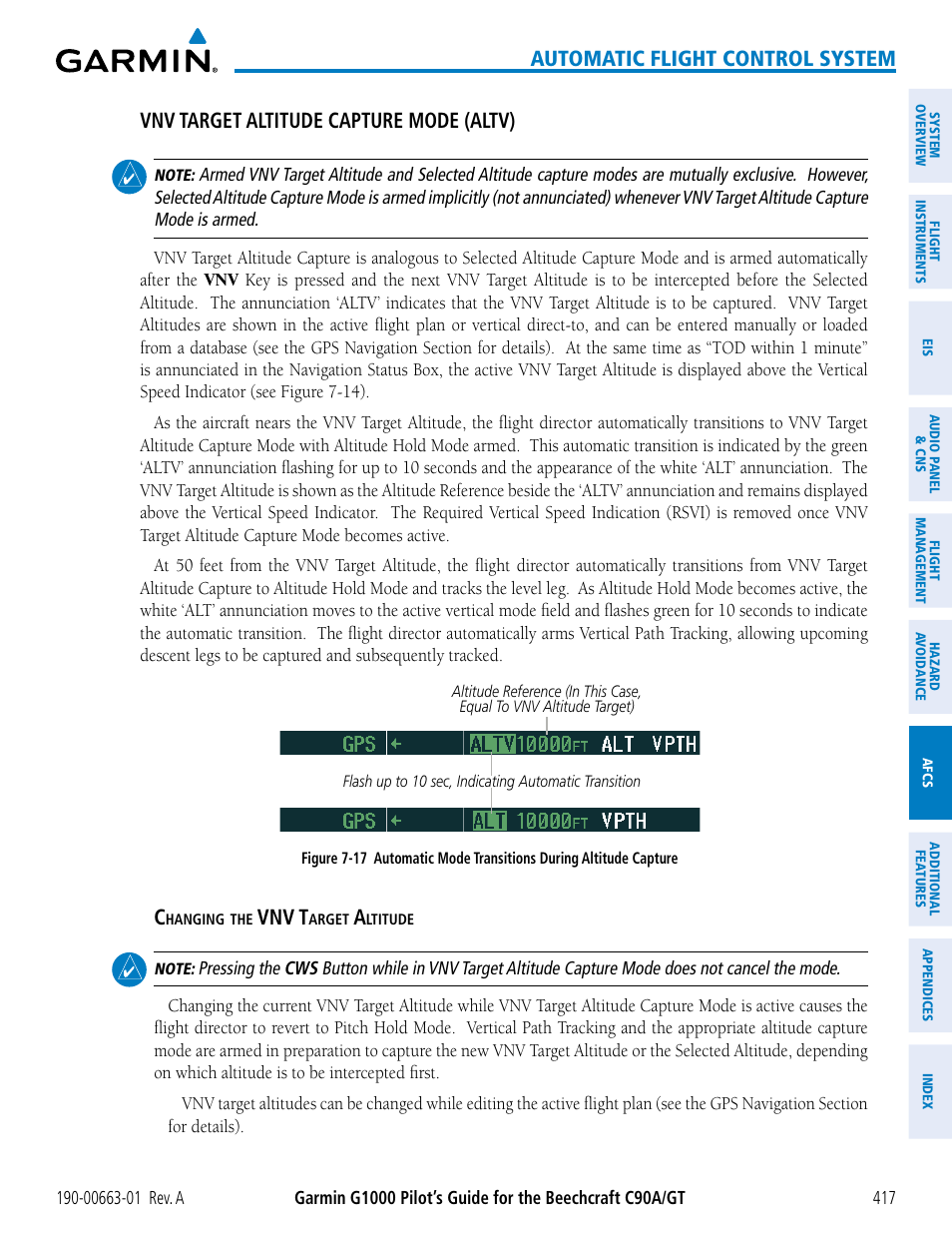 Automatic flight control system, Vnv target altitude capture mode (altv), Vnv t | Garmin G1000 King Air C90GT User Manual | Page 431 / 586