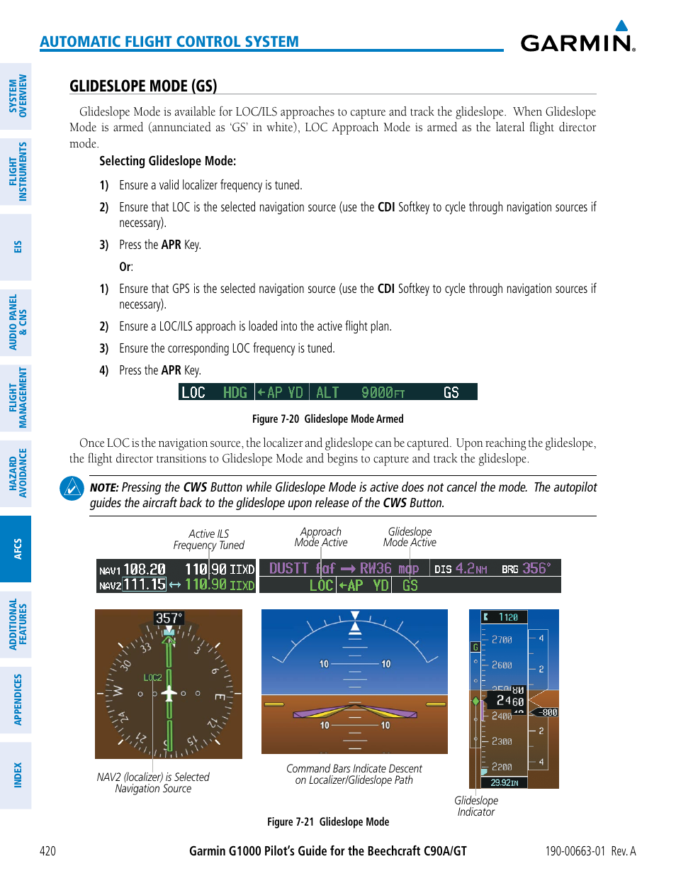 Glideslope mode (gs), Automatic flight control system | Garmin G1000 King Air C90GT User Manual | Page 434 / 586