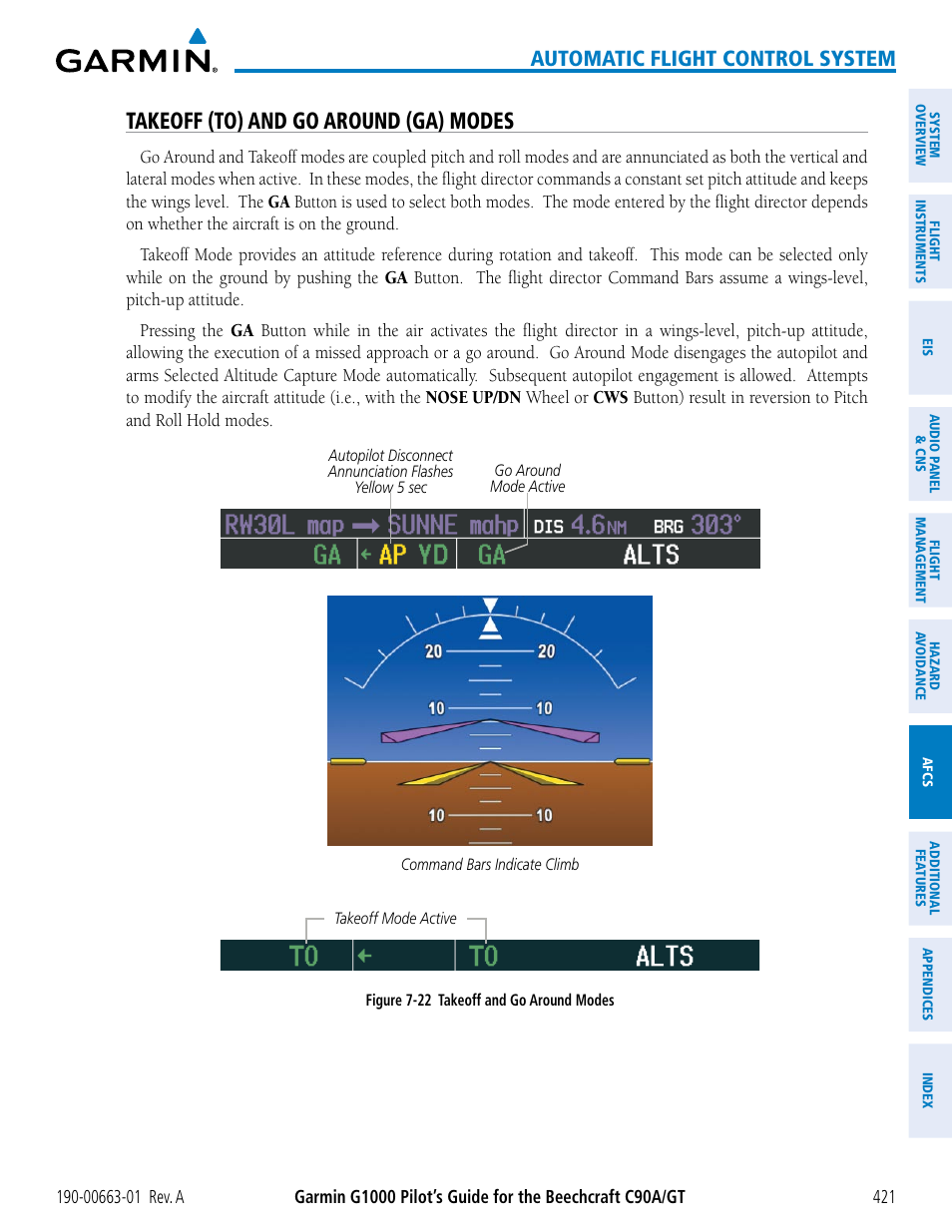 Takeoff (to) and go around (ga) modes, Automatic flight control system | Garmin G1000 King Air C90GT User Manual | Page 435 / 586