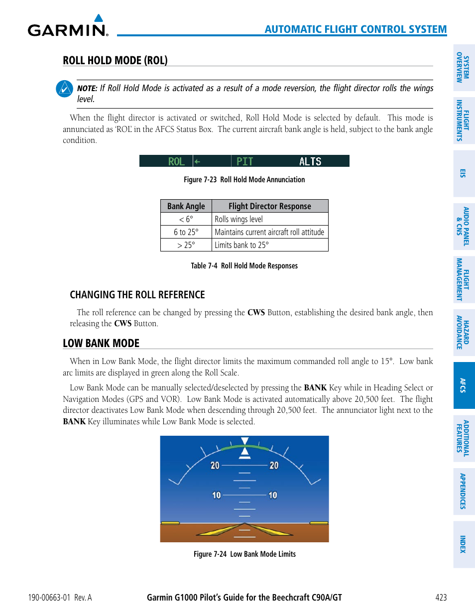Roll hold mode (rol), Low bank mode, Automatic flight control system | Changing the roll reference | Garmin G1000 King Air C90GT User Manual | Page 437 / 586