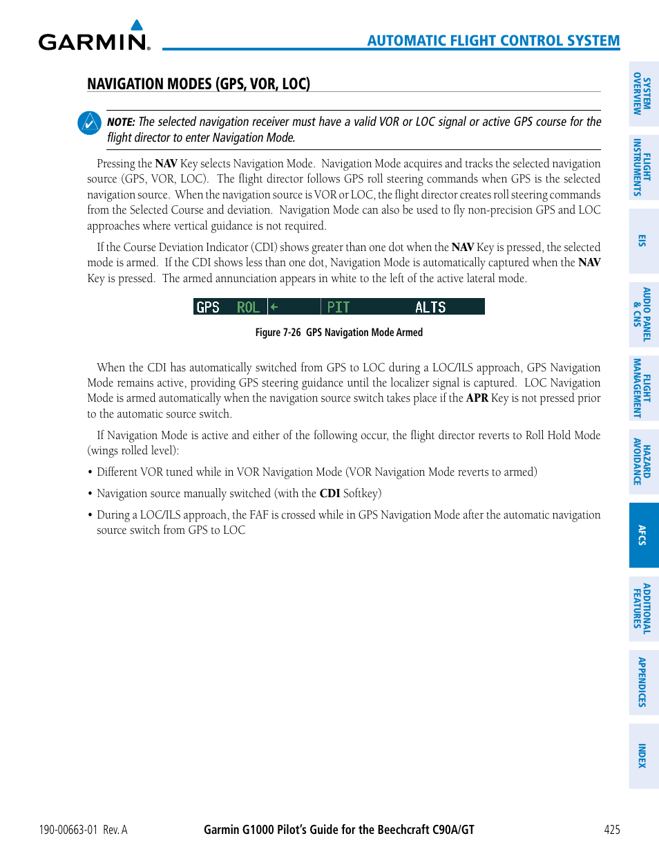 Navigation modes (gps, vor, loc), Automatic flight control system | Garmin G1000 King Air C90GT User Manual | Page 439 / 586