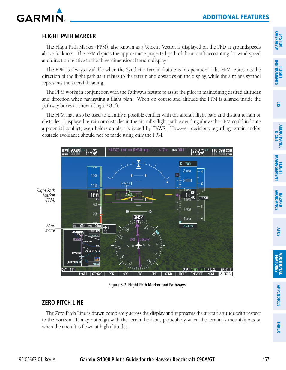 Additional features, Flight path marker, Zero pitch line | Garmin G1000 King Air C90GT User Manual | Page 471 / 586