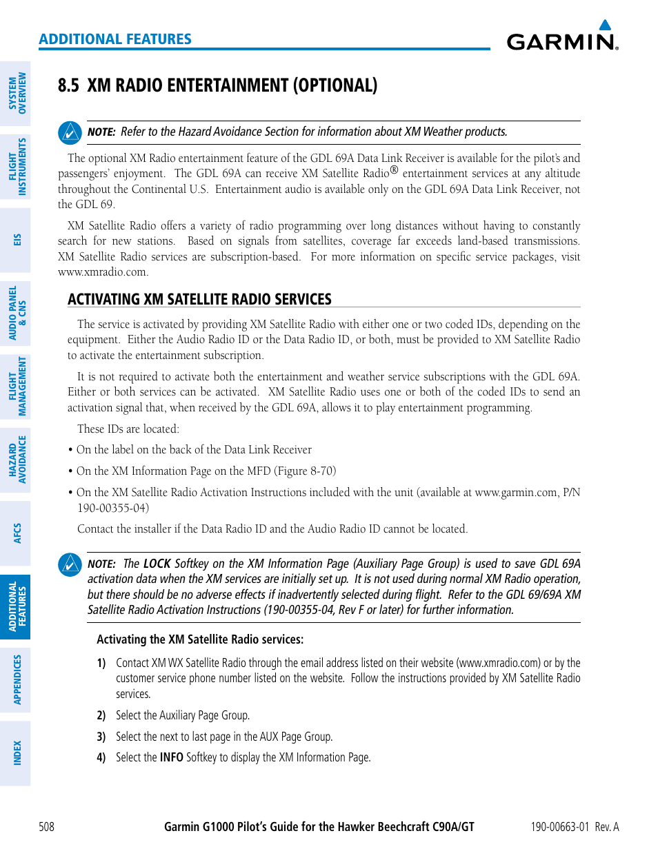 5 xm radio entertainment (optional), Activating xm satellite radio services, Additional features | Garmin G1000 King Air C90GT User Manual | Page 522 / 586