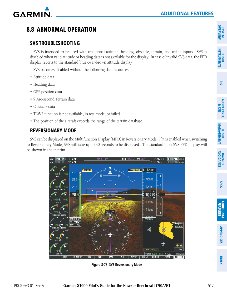 8 abnormal operation, Svs troubleshooting, Reversionary mode | Additional features | Garmin G1000 King Air C90GT User Manual | Page 531 / 586