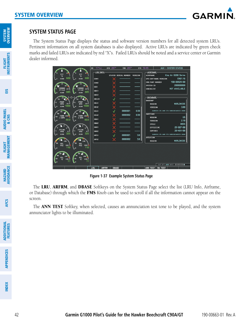 System overview, System status page | Garmin G1000 King Air C90GT User Manual | Page 56 / 586