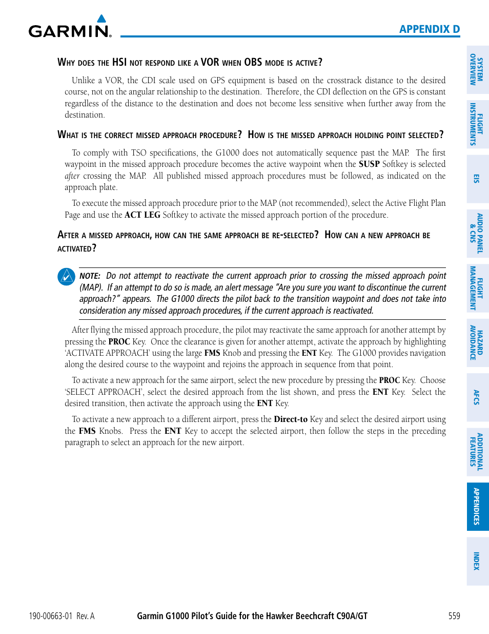 Appendix d w | Garmin G1000 King Air C90GT User Manual | Page 573 / 586