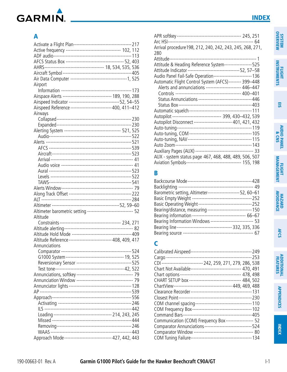 Index, Index a | Garmin G1000 King Air C90GT User Manual | Page 579 / 586