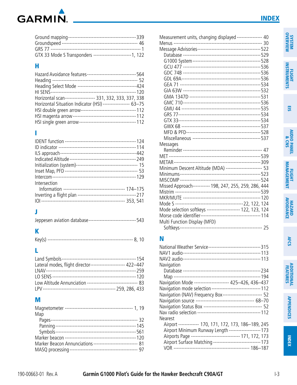 Index | Garmin G1000 King Air C90GT User Manual | Page 581 / 586