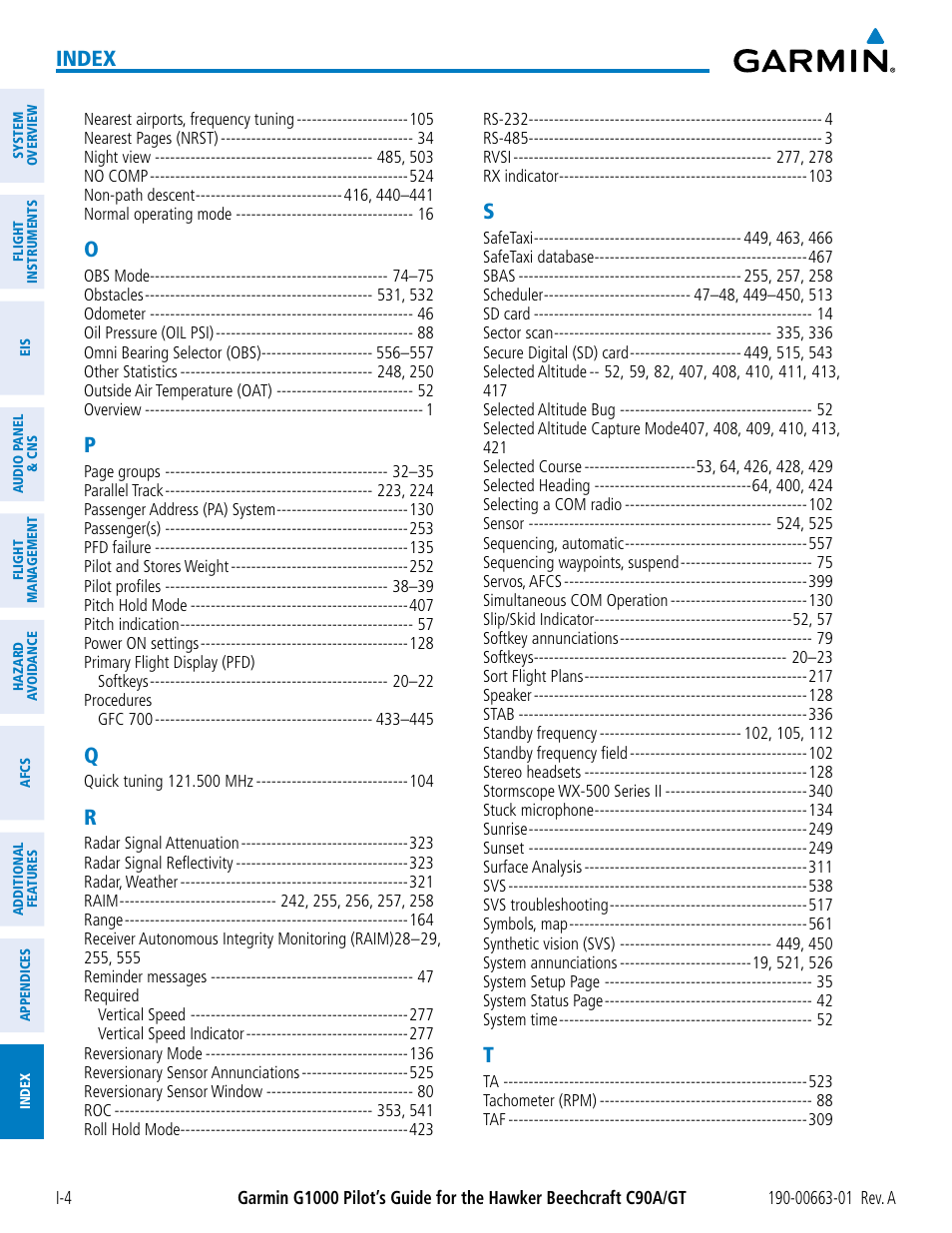 Index | Garmin G1000 King Air C90GT User Manual | Page 582 / 586