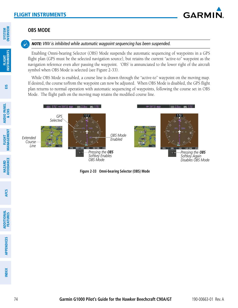 Flight instruments, Obs mode | Garmin G1000 King Air C90GT User Manual | Page 88 / 586