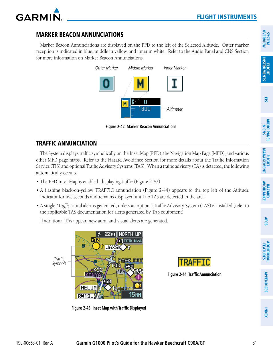 Marker beacon annunciations, Traffic annunciation, Flight instruments | Garmin G1000 King Air C90GT User Manual | Page 95 / 586