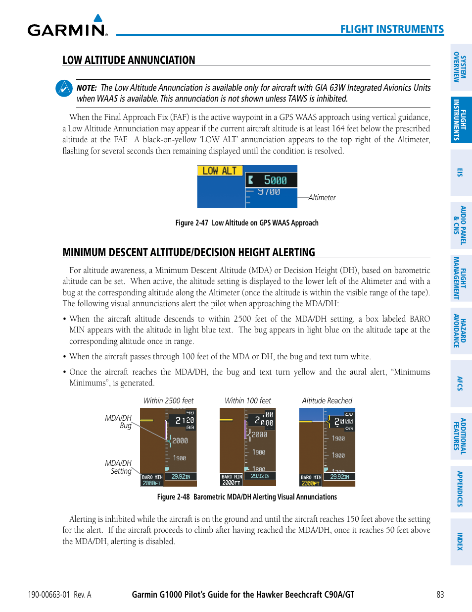 Low altitude annunciation, Minimum descent altitude/decision height alerting, Flight instruments | Garmin G1000 King Air C90GT User Manual | Page 97 / 586